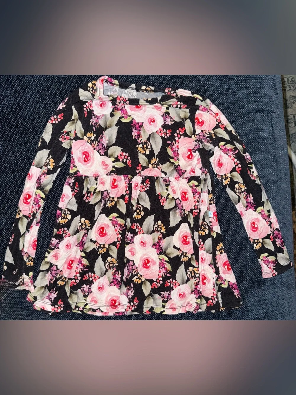 Posh Peanut Black and Pink Floral Long Sleeve Skirted Dress